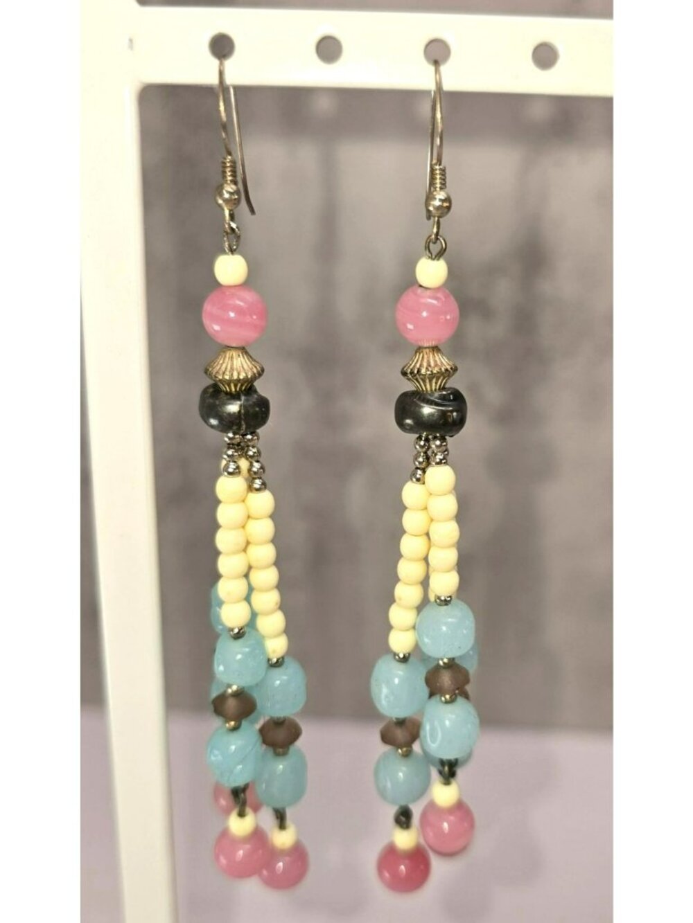 Beaded Dangle Earrings With Pink Blue & Cream Gold Accents Artist Made CM2381